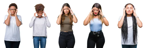 Collage Grupp Unga Kvinnor Över Isolerade Bakgrund Med Handen Huvudet — Stockfoto