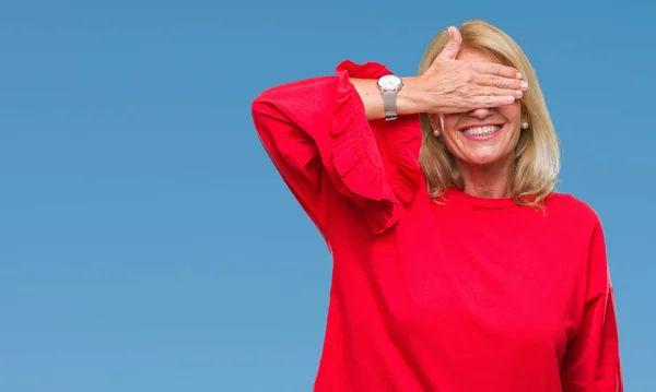 Middle Age Blonde Woman Isolated Background Smiling Laughing Hand Face — Stock Photo, Image