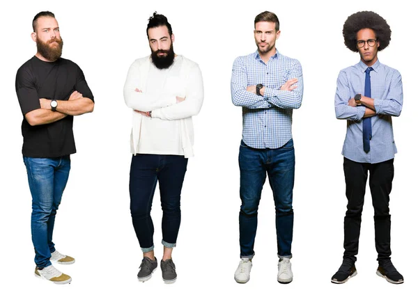 Collage Grupo Hombres Jóvenes Sobre Fondo Blanco Aislado Escéptico Nervioso — Foto de Stock