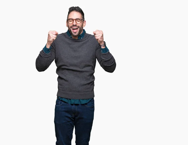 Joven Hombre Guapo Con Gafas Sobre Fondo Aislado Emocionado Por —  Fotos de Stock