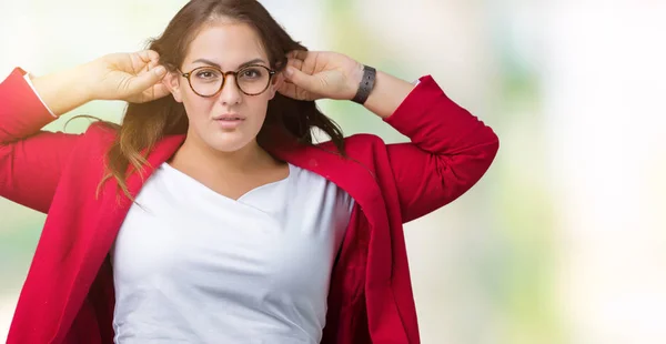 Mooie Grootte Jonge Zakenvrouw Elegante Jas Bril Dragen Geïsoleerd Achtergrond — Stockfoto