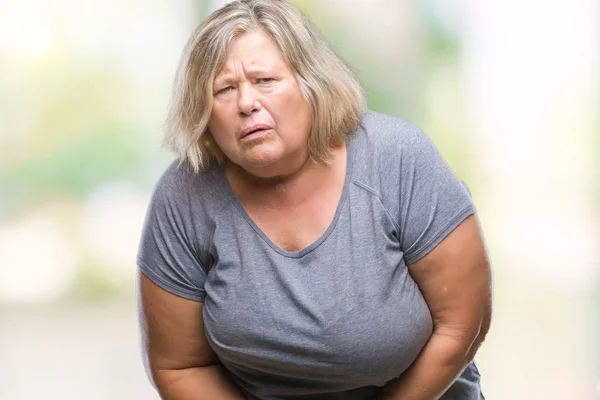 Senior Rozmiar Kaukaski Kobieta Białym Tle Ręką Żołądek Bolesne Choroby — Zdjęcie stockowe