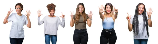 Collage Grupp Unga Kvinnor Över Isolerade Bakgrund Visar Och Pekar — Stockfoto