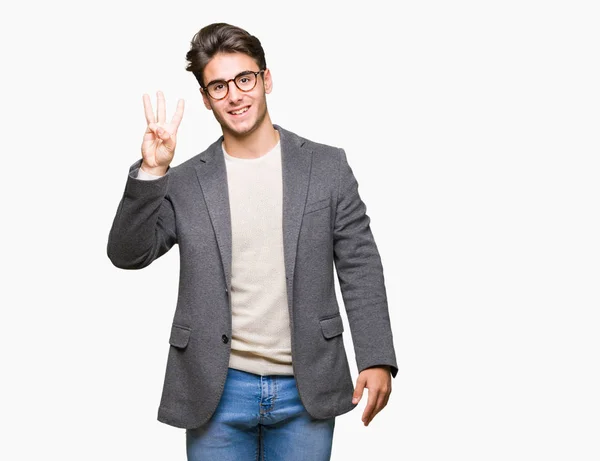 Mladý Obchodní Muž Nosí Brýle Nad Izolované Zobrazeným Pozadím Směřující — Stock fotografie
