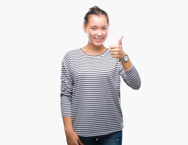 Joven Hermosa Mujer Caucásica Sobre Fondo Aislado Haciendo Pulgares Felices — Foto de Stock