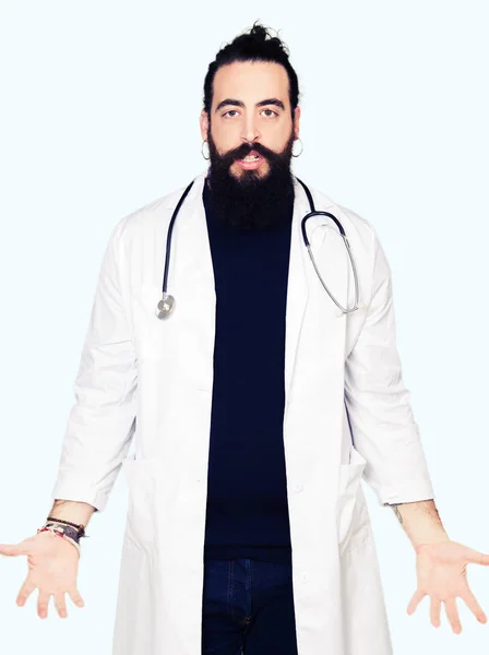 Doctor Long Hair Wearing Medical Coat Stethoscope Afraid Shocked Surprise — Stock Photo, Image