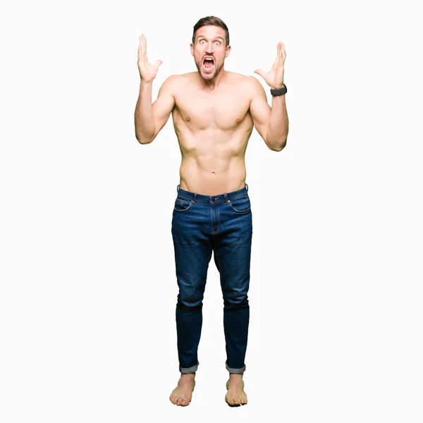 Handsome Shirtless Man Showing Nude Chest Celebrating Crazy Amazed Success — Stock Photo, Image