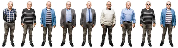 Коллаж Красивый Пожилой Человек Белом Изолированном Фоне Счастливой Прохладной Улыбкой — стоковое фото