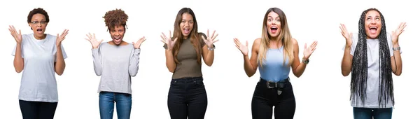 Collage Van Groep Jonge Vrouwen Geïsoleerde Achtergrond Vieren Gek Verbaasd — Stockfoto