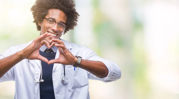 Afro American Doctor Man Isolated Background Smiling Love Showing Heart — Stock Photo, Image