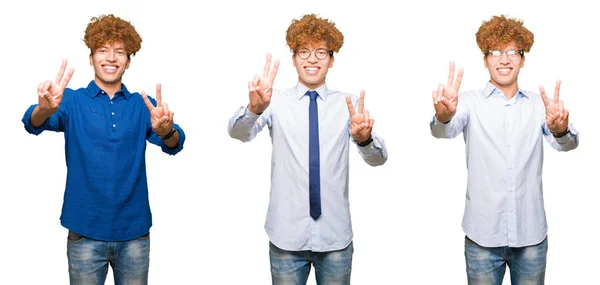 Collage Unga Bussines Man Med Lockigt Hår Glasögon Över Isolerade — Stockfoto