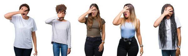 Collage Grupp Unga Kvinnor Över Isolerade Bakgrund Kikar Chock Som — Stockfoto