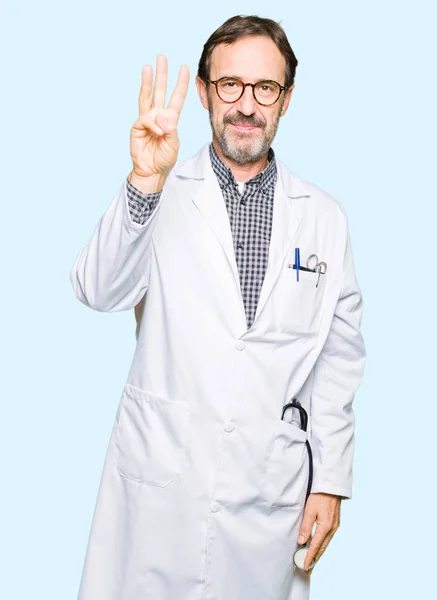 Middle Age Doctor Men Wearing Medical Coat Showing Pointing Fingers — Stock Photo, Image