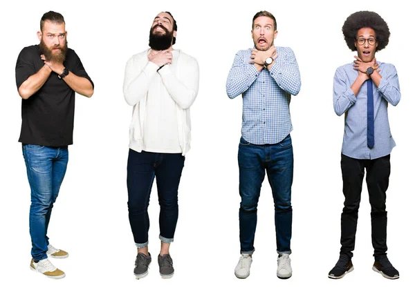 Collage Grupo Hombres Jóvenes Sobre Fondo Blanco Aislado Gritando Sofocándose — Foto de Stock