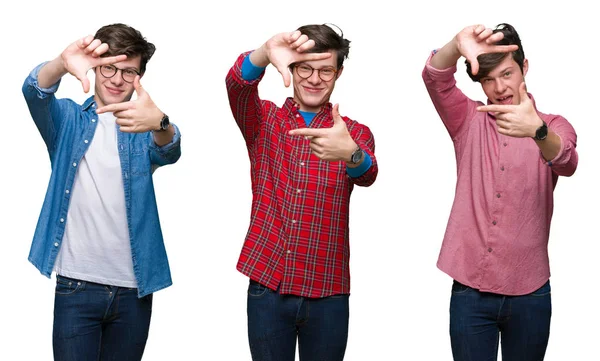 Collage Young Man White Isolated Background Smiling Making Frame Hands — Stock Photo, Image