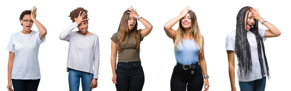 Collage Van Groep Jonge Vrouwen Geïsoleerde Achtergrond Verrast Met Hand — Stockfoto