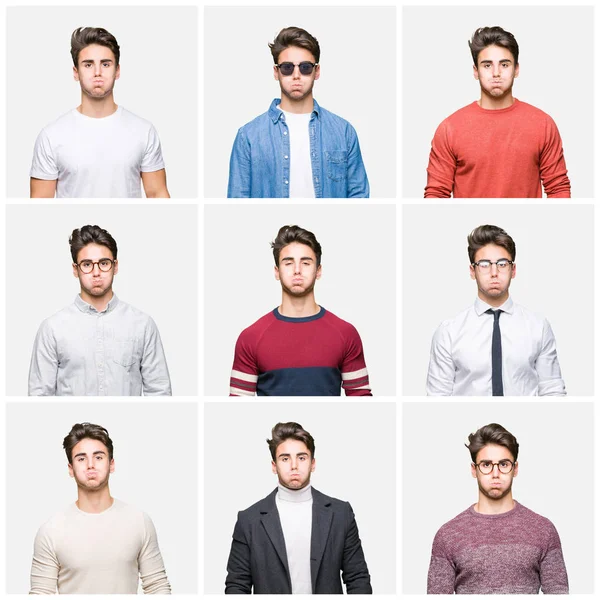 Collage Joven Hombre Negocios Guapo Sobre Fondo Aislado Hinchando Mejillas —  Fotos de Stock