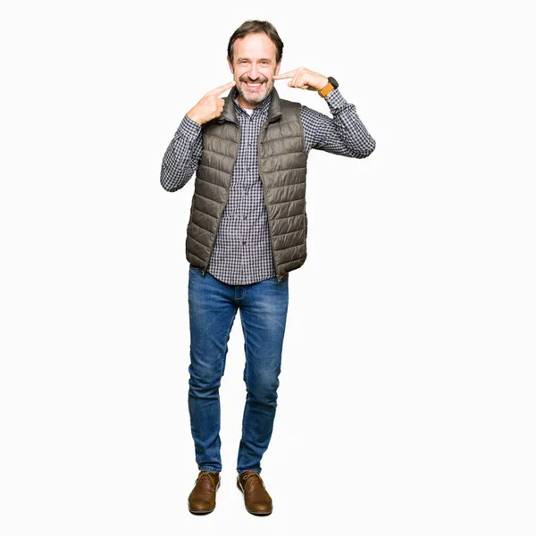 Middle Age Handsome Man Wearing Winter Vest Smiling Confident Showing — Stock Photo, Image