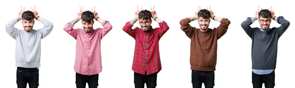 Collage Young Man Isolated Background Posing Funny Crazy Fingers Head — Stock Photo, Image