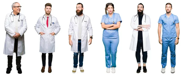 Koláž Skupiny Lékařů Chirurgů Lidí Bílé Izolované Pozadí Vypadající Strana — Stock fotografie