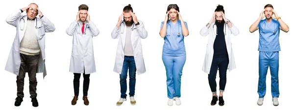 Collage Grupo Médicos Cirujanos Personas Sobre Fondo Blanco Aislado Con —  Fotos de Stock
