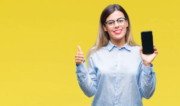 Joven Hermosa Mujer Negocios Que Muestra Pantalla Blanco Del Teléfono —  Fotos de Stock