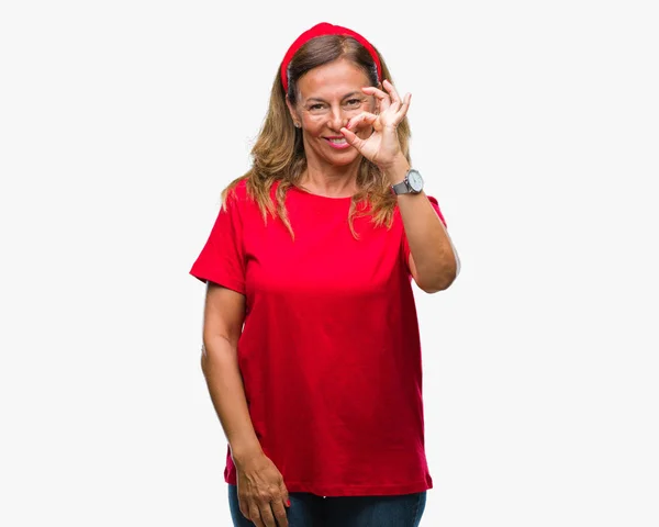 Średnim Wieku Starszy Hiszpanin Kobieta Białym Tle Tło Uśmiechający Się — Zdjęcie stockowe