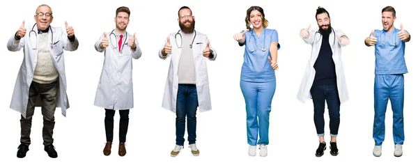 Collage Grupo Médicos Cirujanos Personas Sobre Fondo Blanco Aislado Aprobando — Foto de Stock