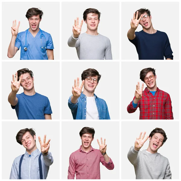 Collage Young Man White Isolated Background Showing Pointing Fingers Number — Stock Photo, Image
