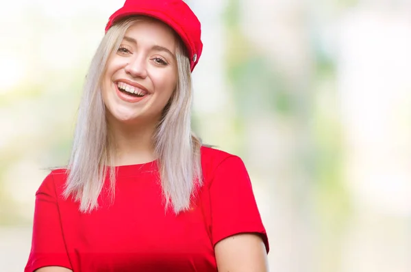 Jonge Blonde Vrouw Met Rode Hoed Geïsoleerd Achtergrond Blij Gezicht — Stockfoto