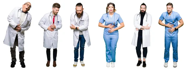 Collage Group Doctors Surgeons People White Isolated Background Hand Stomach — Stock Photo, Image