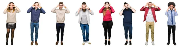 Collage Personas Sobre Fondo Blanco Aislado Tratando Abrir Los Ojos —  Fotos de Stock