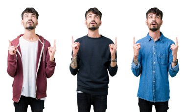 İzole arka plan üzerinde genç adam kolaj hayrete ve yukarıya bakıyor ve parmakları ile işaret ve silah kaldırdı şaşırttı.