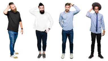 Kolaj bir grup genç adam beyaz izole arka plan üzerinde yanıltır ve soru hakkında merak ediyorum. Şüphe, kafasına el ile düşünme ile belirsiz. Dalgın kavramı.