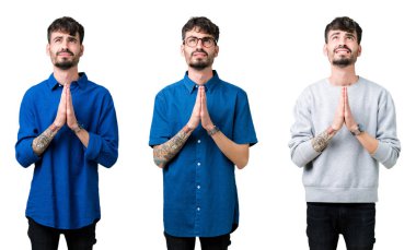 Kolaj yalvarıyor ve umut ifade yüzünde çok duygusal ve endişe ile birlikte elleriyle dua izole arka plan üzerinde genç adam. Bağışlanmak. Din kavramı.