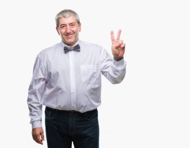 Mutlu yüz zafer işareti yaparken kameraya göz kırpıyor ile gülümseyen izole arka plan üzerinde papyon takan yakışıklı komuta sizde. İki numaralı.