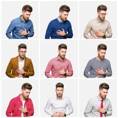 Yakışıklı genç iş adamı farklı görünüyor üzerinde beyaz giyen kolaj izole mide üzerinde el ile arka plan çünkü hazımsızlık, ağrılı hastalık hasta hissediyor. Ağrısı kavramı.