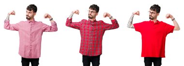 Kol kasları gururlu gülümseyen gösterilen izole arka plan üzerinde gözlüklü genç adam kolaj. Fitness kavramı.