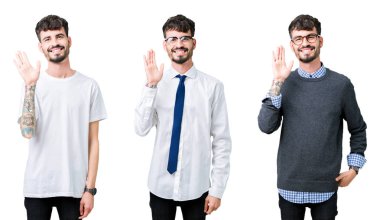 Kolaj izole arka plan Waiving Merhaba mutlu genç adam ve gülümseyen, dostça karşılama jest