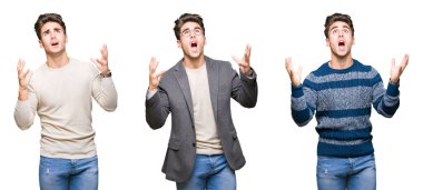 Genç yakışıklı iş adamı izole arka plan çılgın ve kızgın bağırarak ve agresif ifade ve silah kaldırdı bağırmaya kolaj. Hayal kırıklığı kavramı.