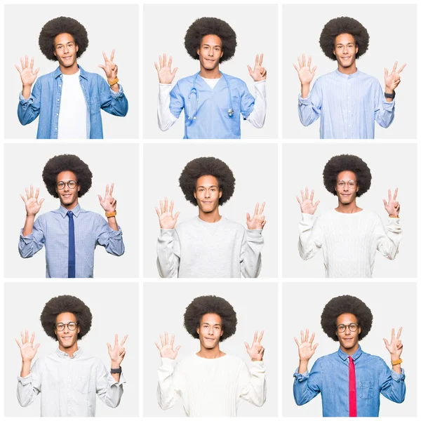 Koláž Mladého Muže Afro Vlasy Bílé Izolované Pozadí Zobrazení Ukázal — Stock fotografie