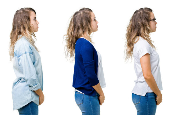 Коллаж молодой красивой блондинки на изолированном фоне глядя в сторону, расслабиться профиль позировать с естественным лицом с уверенной улыбкой
.