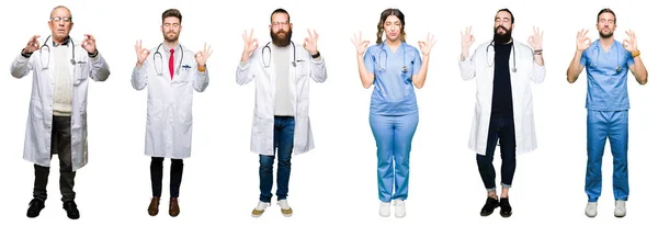 Collage Gruppo Medici Chirurghi Persone Sfondo Bianco Isolato Rilassarsi Sorridere — Foto Stock