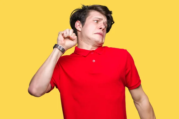 Young Handsome Man Wearing Red Shirt Isolated Background Stretching Back — Stock Photo, Image