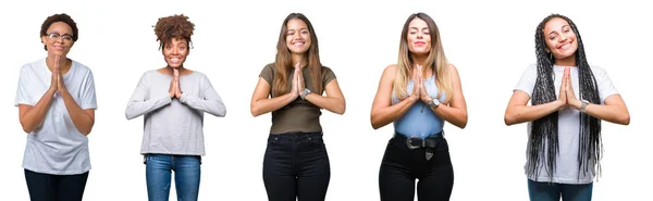 Коллаж Группы Молодых Женщин Изолированном Фоне Молящихся Руками Вместе Просящих — стоковое фото