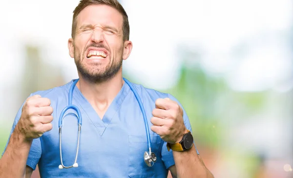 Handsome Doctor Man Wearing Medical Uniform Isolated Background Excited Success — Stock Photo, Image