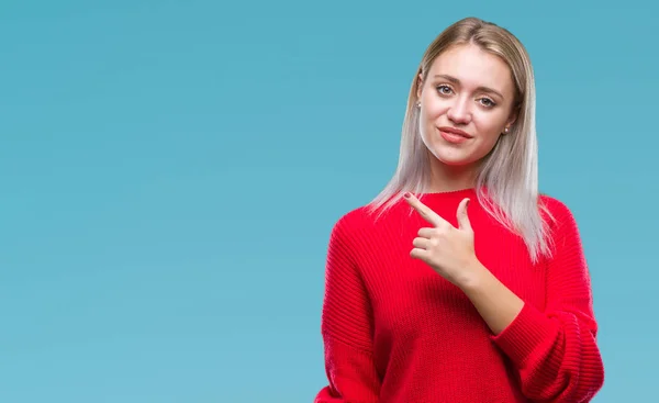 Junge Blonde Frau Trägt Winterpullover Über Isoliertem Hintergrund Fröhlich Mit — Stockfoto