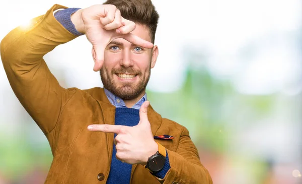 Young Handsome Business Man Smiling Making Frame Hands Fingers Happy — Stock Photo, Image