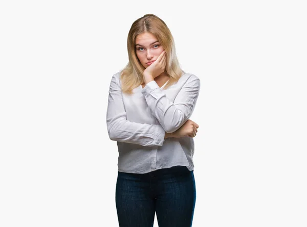 stock image Young caucasian woman over isolated background thinking looking tired and bored with depression problems with crossed arms.