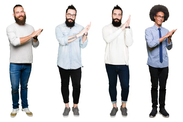 Collage Van Groep Jonge Mannen Witte Geïsoleerd Background Clapping Applaudisseren — Stockfoto